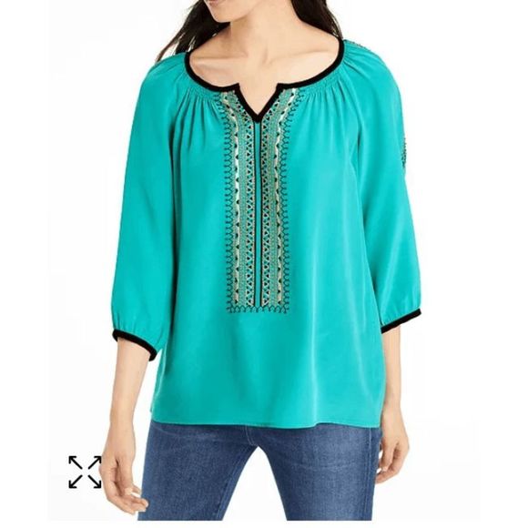 NANETTE LEPORE Beaded Blouse Silk Tan Black Bohemian Top*, Sz Large, MSRP $298 - Picture 10 of 10